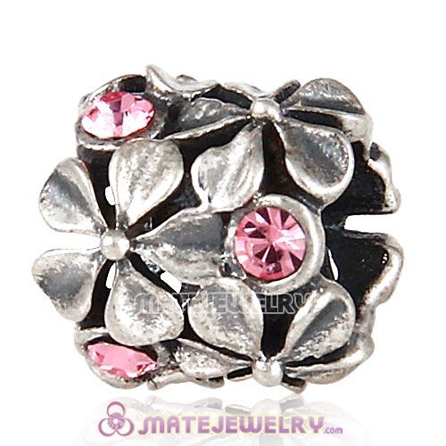 Sterling Silver Buttercup Flower Beads with Light Rose Austrian Crystal