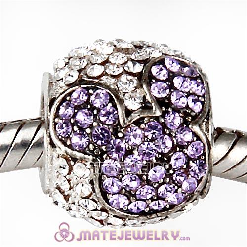 Sterling Silver Jeweled Mickey Beads with Violet and Clear Austrian Crystal