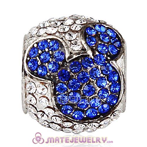Sterling Silver Jeweled Mickey Beads with Sapphire and Clear Austrian Crystal