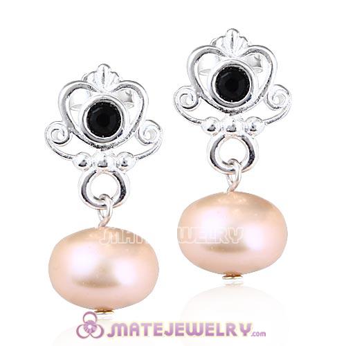 Sterling Silver My Sweet Princess with Jet Crystal Dangle Pearl Earrings