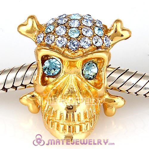 Gold Plated Sterling Silver Skull Beads with Aquamarine Austrian Crystal