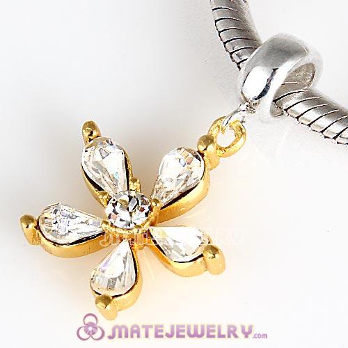 Sterling Silver Dangle Gold Plated Flower Beads with Clear Austrian Crystal