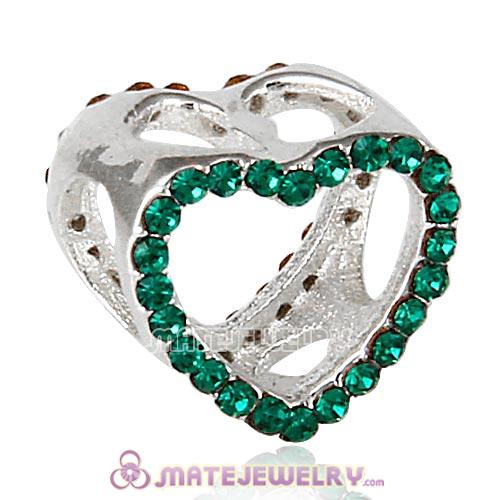 Sterling Silver Heart Beads with Emerald Austrian Crystal
