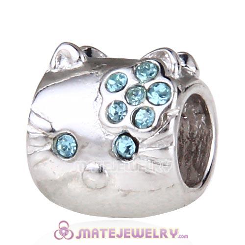 Sterling Silver European Style KT Cat Beads with Aquamarine Austrian Crystal