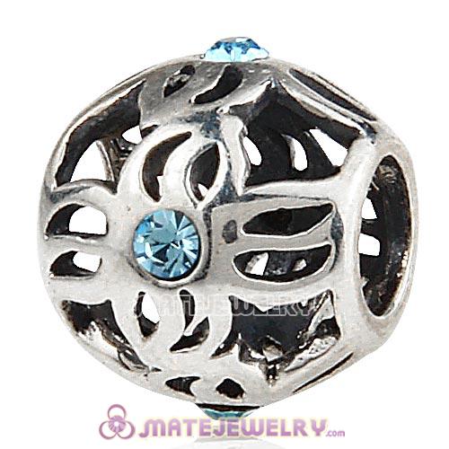 Sterling Silver Pinwheel Charm Beads with Aquamarine Austrian Crystal