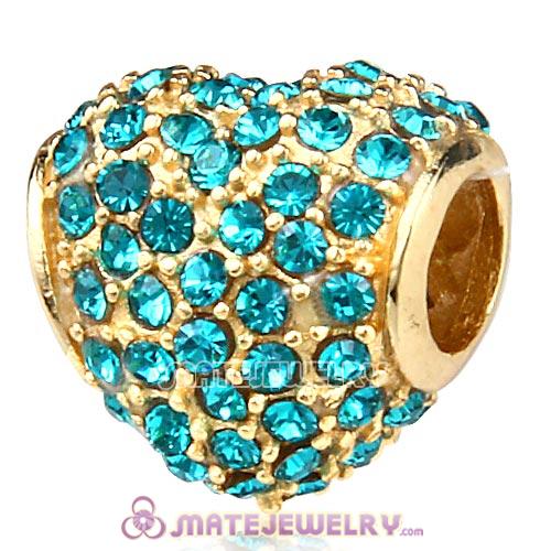 Gold Plated Sterling Pave Heart with Blue Zircon Austrian Crystal Charm