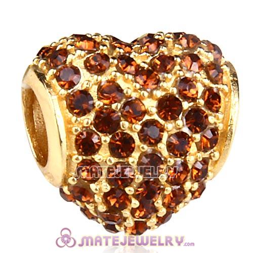 Gold Plated Sterling Pave Heart with Smoked Topaz Austrian Crystal Charm
