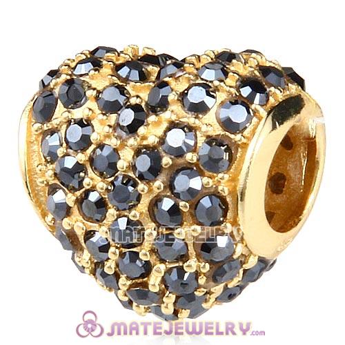 Gold Plated Sterling Pave Heart with Jet Hematite Austrian Crystal Charm