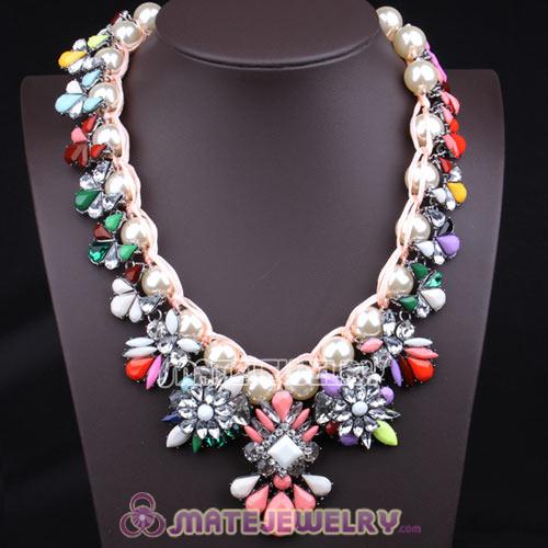 Knitted Pearl Multicolor Resin Crystal Flower Statement Necklace