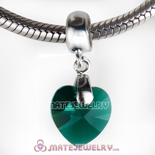 Sterling Silver Dangle Austrian Crystal Emerald Heart Charm European Style