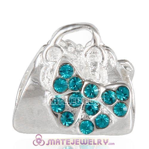 Sterling Silver Loves Shopping Bag Beads with Blue Zircon Austrian Crystal
