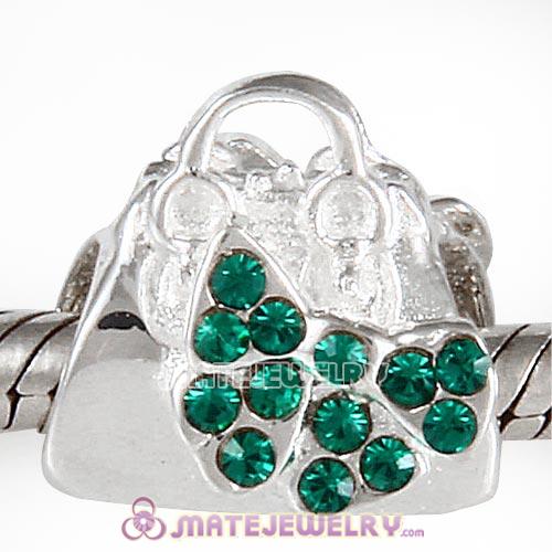 Sterling Silver Loves Shopping Bag Beads with Emerald Austrian Crystal