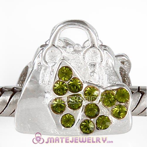 Sterling Silver Loves Shopping Bag Beads with Olivine Austrian Crystal