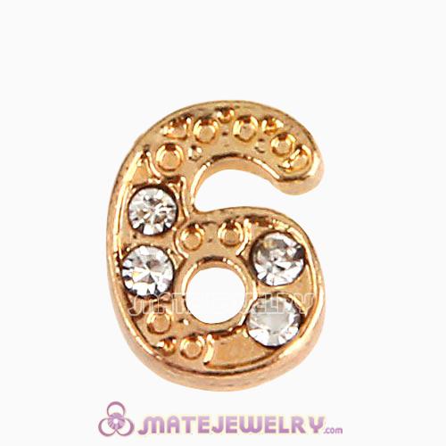 Gold Plated Alloy Number 6 with Crystal Floating Locket Charms