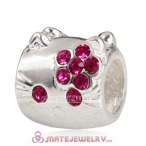 Sterling Silver European Style KT Cat Beads with Fuchsia Austrian Crystal