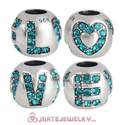 Sterling Silver Surrounded by Love Beads with Blue Zircon Austrian Crystal European Style
