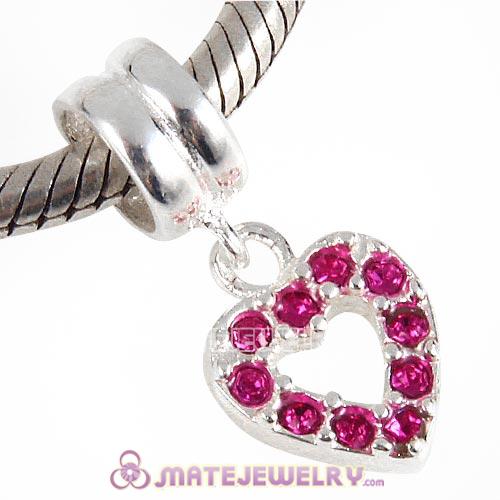 Sterling Silver Heart Dangle Charms with Fuchsia Austrian Crystal