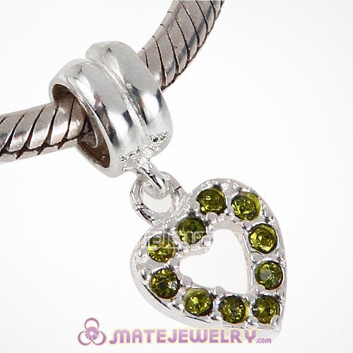 Sterling Silver Heart Dangle Charms with Olivine Austrian Crystal