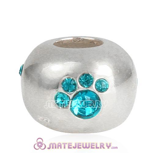 Sterling Silver Paw Prints Beads With Blue Zircon Austrian Crystal