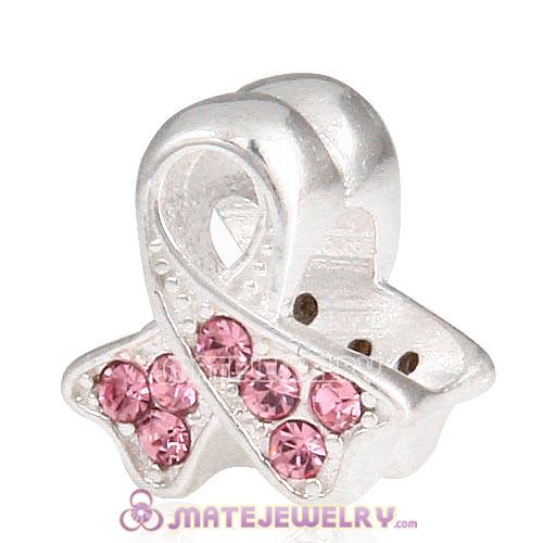 Sterling Silver Ribbon Lung Cancer Beads with Light Rose Austrian Crystal European Style