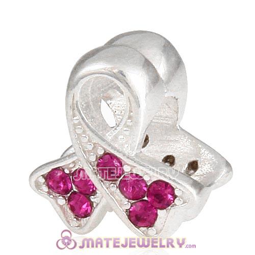 Sterling Silver Ribbon Lung Cancer Beads with Fuchsia Austrian Crystal European Style