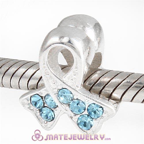 Sterling Silver Ribbon Lung Cancer Beads with Aquamarine Austrian Crystal European Style