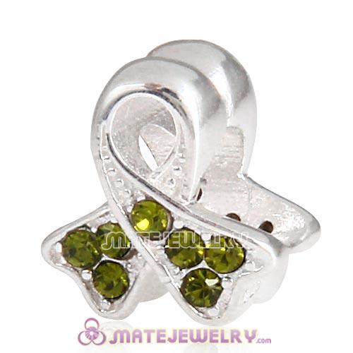 Sterling Silver Ribbon Lung Cancer Beads with Olivine Austrian Crystal European Style
