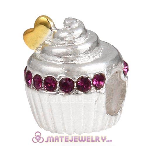 Sterling Silver Golden Heart Cupcake Beads with Amethyst Austrian Crystal European Style