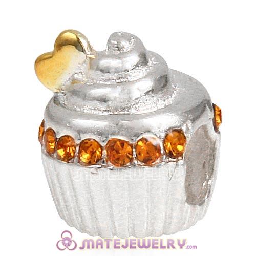 Sterling Silver Golden Heart Cupcake Beads with Topaz Austrian Crystal European Style