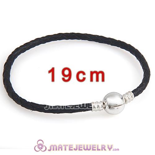 19cm Black Braided Leather Bracelet with Silver Round Clip fit European Beads