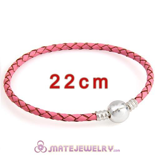 22cm Pink Braided Leather Bracelet with Silver Round Clip fit European Beads