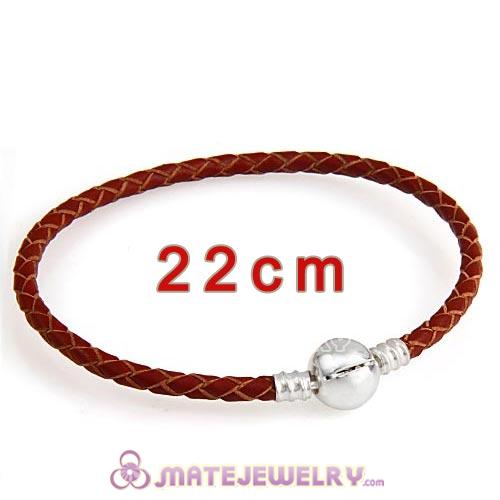 22cm Brown Braided Leather Bracelet with Silver Round Clip fit European Beads