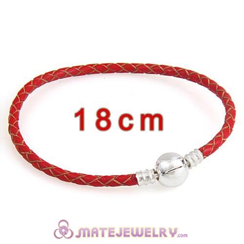 18cm Red Braided Leather Bracelet with Silver Round Clip fit European Beads