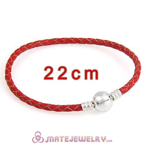 22cm Red Braided Leather Bracelet with Silver Round Clip fit European Beads