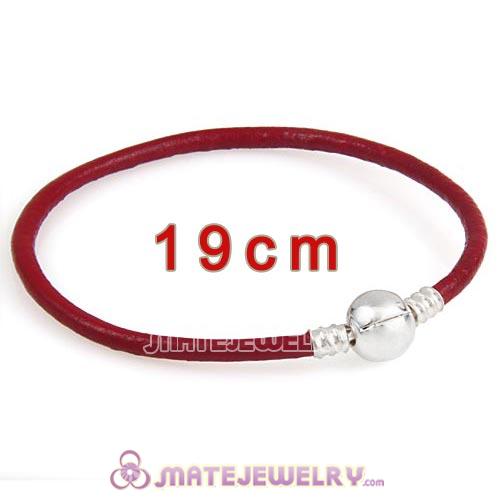 19cm Dark Red Slippy Leather Bracelet with Silver Round Clip fit European Beads