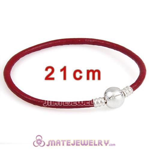 21cm Dark Red Slippy Leather Bracelet with Silver Round Clip fit European Beads