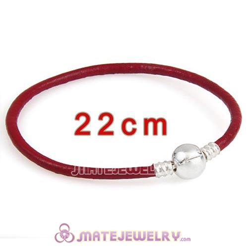 22cm Dark Red Slippy Leather Bracelet with Silver Round Clip fit European Beads