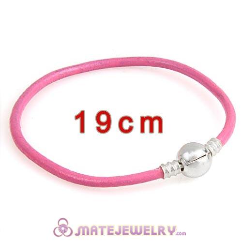19cm Pink Slippy Leather Bracelet with Silver Round Clip fit European Beads