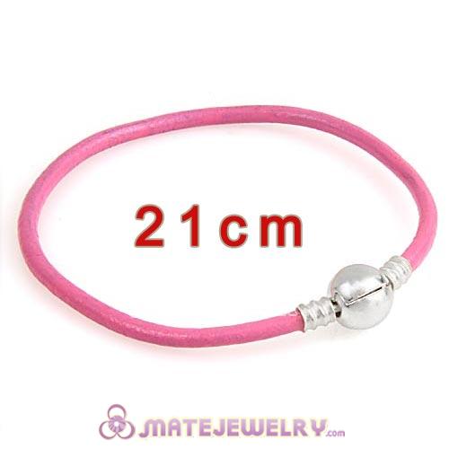 21cm Pink Slippy Leather Bracelet with Silver Round Clip fit European Beads