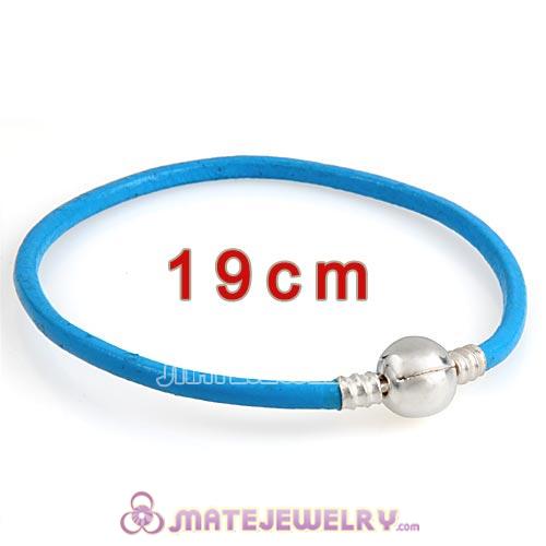19cm Blue Slippy Leather Bracelet with Silver Round Clip fit European Beads