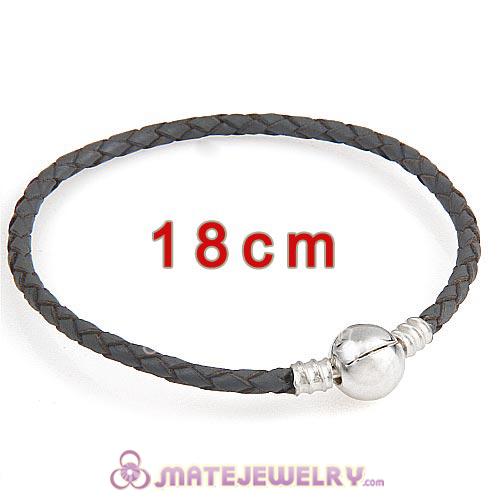 18cm Gray Braided Leather Bracelet with Silver Round Clip fit European Beads