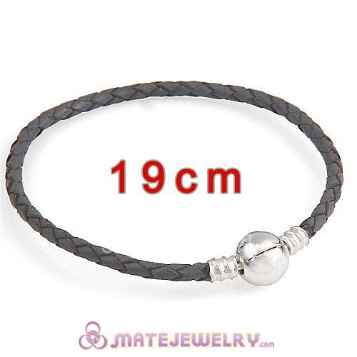 19cm Gray Braided Leather Bracelet with Silver Round Clip fit European Beads