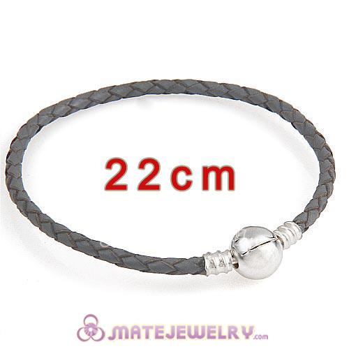 22cm Gray Braided Leather Bracelet with Silver Round Clip fit European Beads