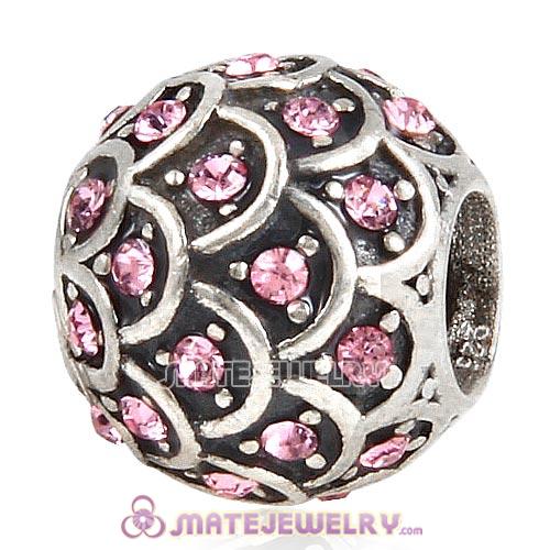 Sterling Silver Sparkling Fish Scale Beads with Light Rose Austrian Crystal European Style