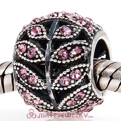 Sterling Silver Sparkling Leaves Beads with Light Amethyst Austrian Crystal European Style