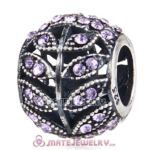 Sterling Silver Sparkling Leaves Beads with Violet Austrian Crystal European Style