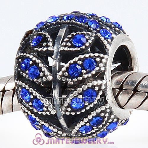 Sterling Silver Sparkling Leaves Beads with Sapphire Austrian Crystal European Style