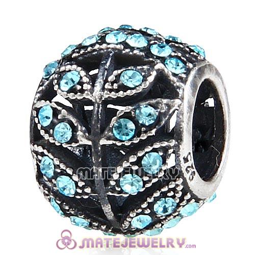 Sterling Silver Sparkling Leaves Beads with Aquamarine Austrian Crystal European Style