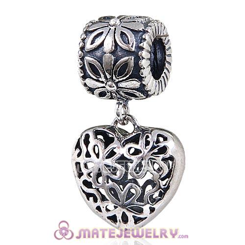 European Sterling Silver Dangle Flower Heart Charm