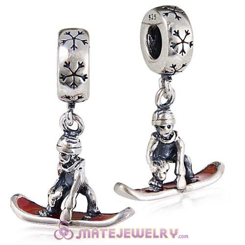 European Sterling Silver Dangle Snowboarder with Red Enamel Charm Beads